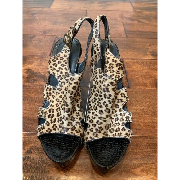 Donald J Pliner Garbo Tan & Brown Leopard Print Calf Hair Open Toe, Size 8 US - Picture 2 of 9